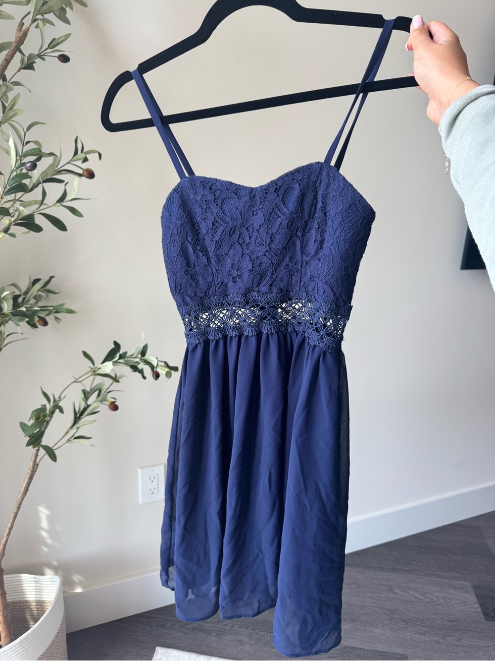 BCX Navy Blue Lace Bodice Spaghetti Strap Dress